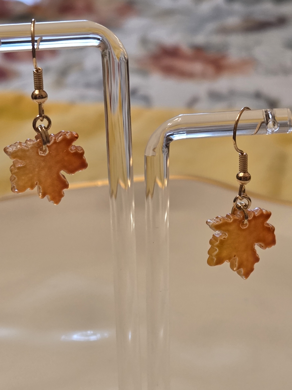 Autumn Maple Leaf Drop Earrings - Golden Orange Resin- NWT - Picture 2 of 6
